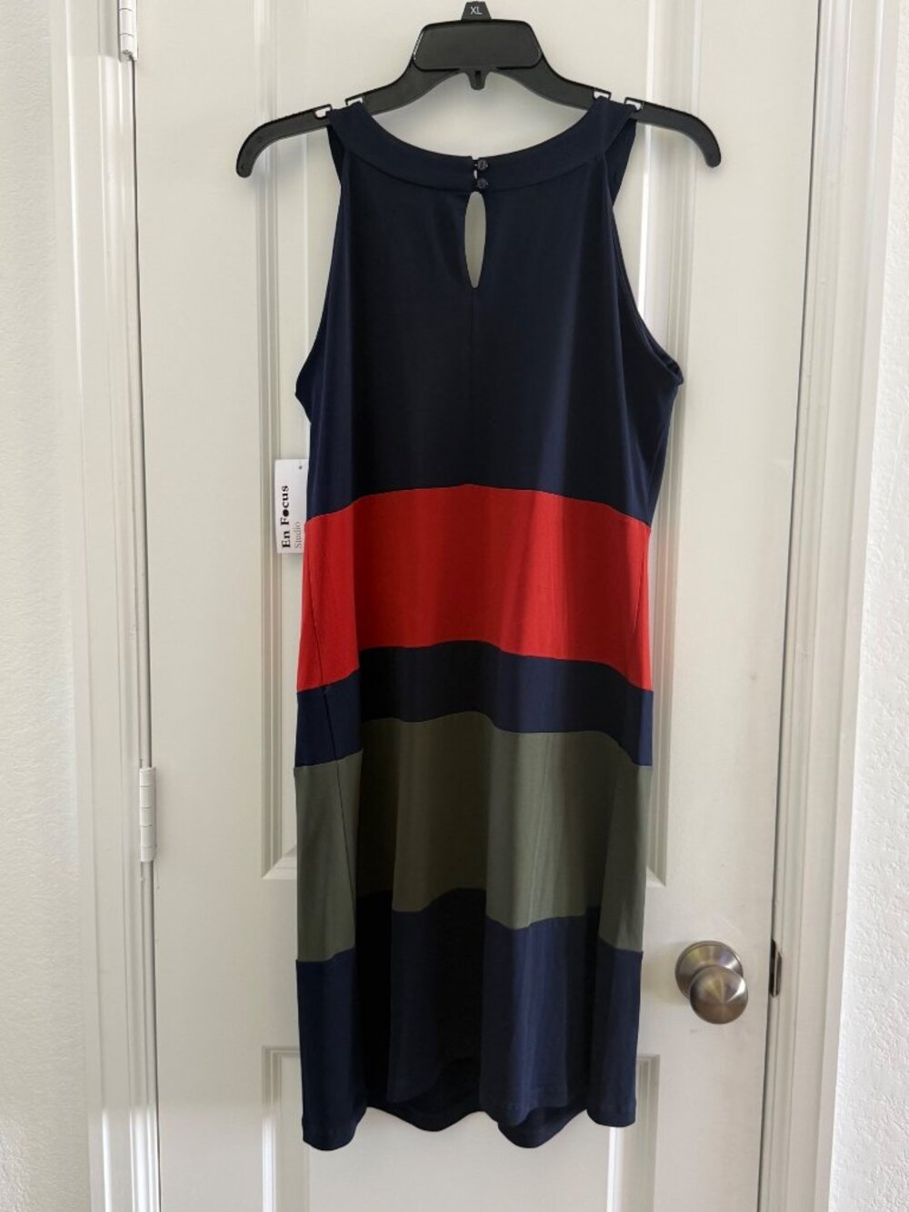 En Focus Studio Sleeveless Striped Shift Dress Size 12 Navy/Red/Olive Colorblock - Picture 3 of 8
